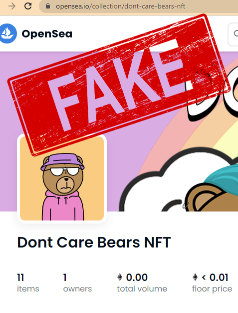 There is a Fake Don't Care Bears collection page currently live on <a href="/opensea/">OpenSea</a> ! DO NOT BUY FROM THEM! 
Our page is currently down but is being worked on right now. We will notify the community when it is back up and running.