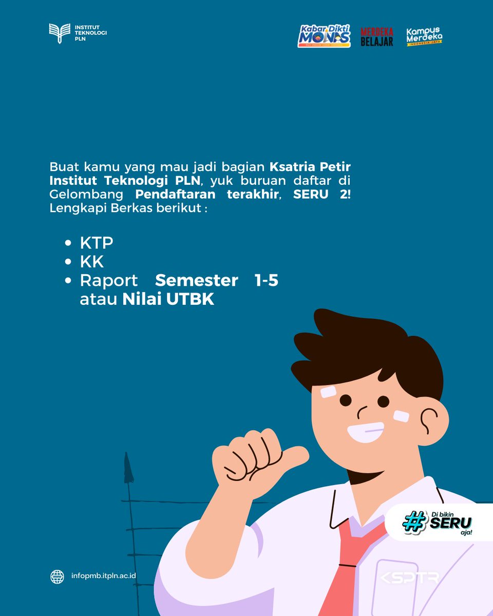 gabungitpln's tweet photo. Gelombang terakhir Pendaftaran IT-PLN, Gelombang SERU 2!
Yuk buruan gabung menjadi bagian Mahasiswa Kampus Teknik Terbaik! Segera lengkapi berkasmu dan daftarkan dirimu! https://t.co/Mp6b2eKJmJ
