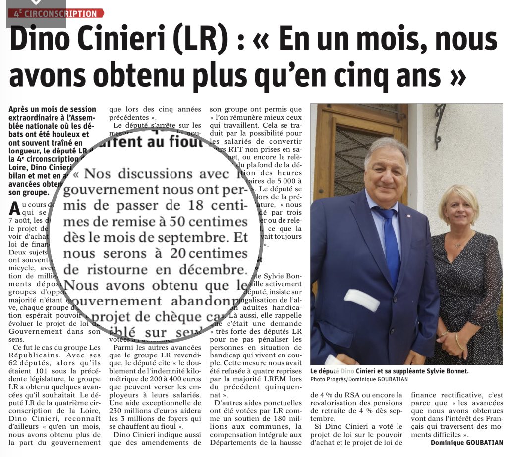 Insupportable autosatisfaction du député Cinieri. Il est inquiet du pouvoir d’achat des ménages ? Il n’a pas voté le SMIC à 1500€, pas voté la mobilisation de 500 millions supplémentaires pour les retraités, pas voté la taxation des superprofits…Macron dispose d’un bon godillot