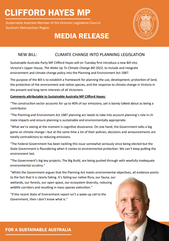 CliffHayesVIC's tweet photo. This week I introduced a new Bill into the Victorian Parliament to force the Government to prioritise the environment and climate change in planning decisions. 

It's just one step in fixing a planning system in crisis. #springst https://t.co/dBaEajN92e