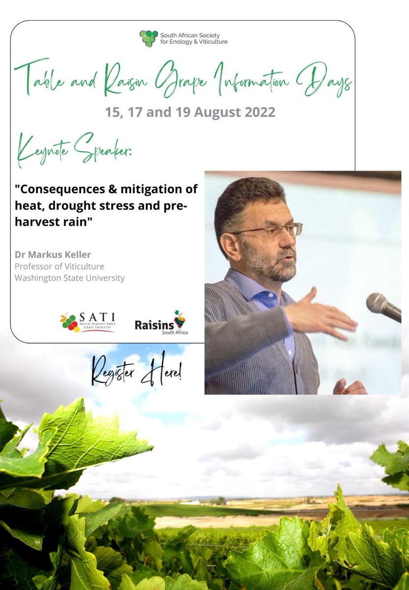 Our Keynote Speaker is Dr. Markus Keller (Washington State University). He will be presenting "The heat is on: Consequences and Mitigation of heat/drought stress" at the SASEV Table and Raisin Grape Information Days o.

#RegisterNow #KnowledgeTransfer #viticulture #keynotespeaker
