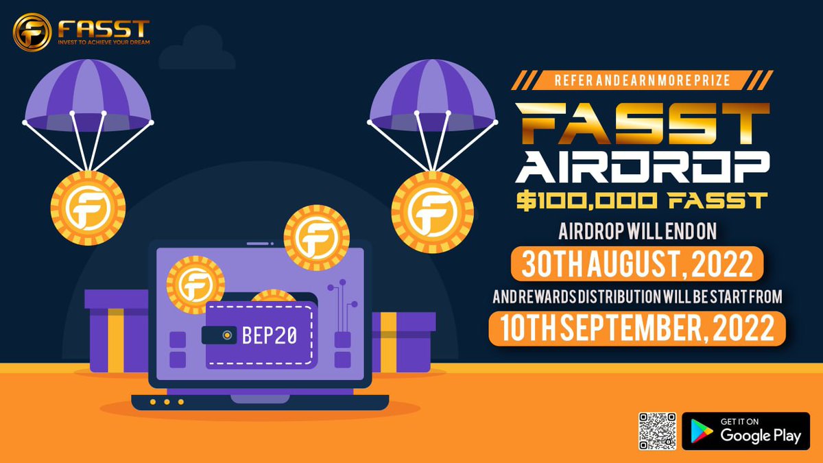 🪂 New Airdrop: Fasst (FAS)
💎 Value:  $100,000 $FAS
🏆 Reward: $10 FAS
💑 Referral: $10 FAS each 
📆 End Date: 30th August, 2022
📢 Distribution: 10th September, 2022

🔗 Airdrop Bot: telegram.me/Fasst_AirdropB…

#Airdrop #AirdropAchiever #Crypto #NFT #Bitcoin #BNB