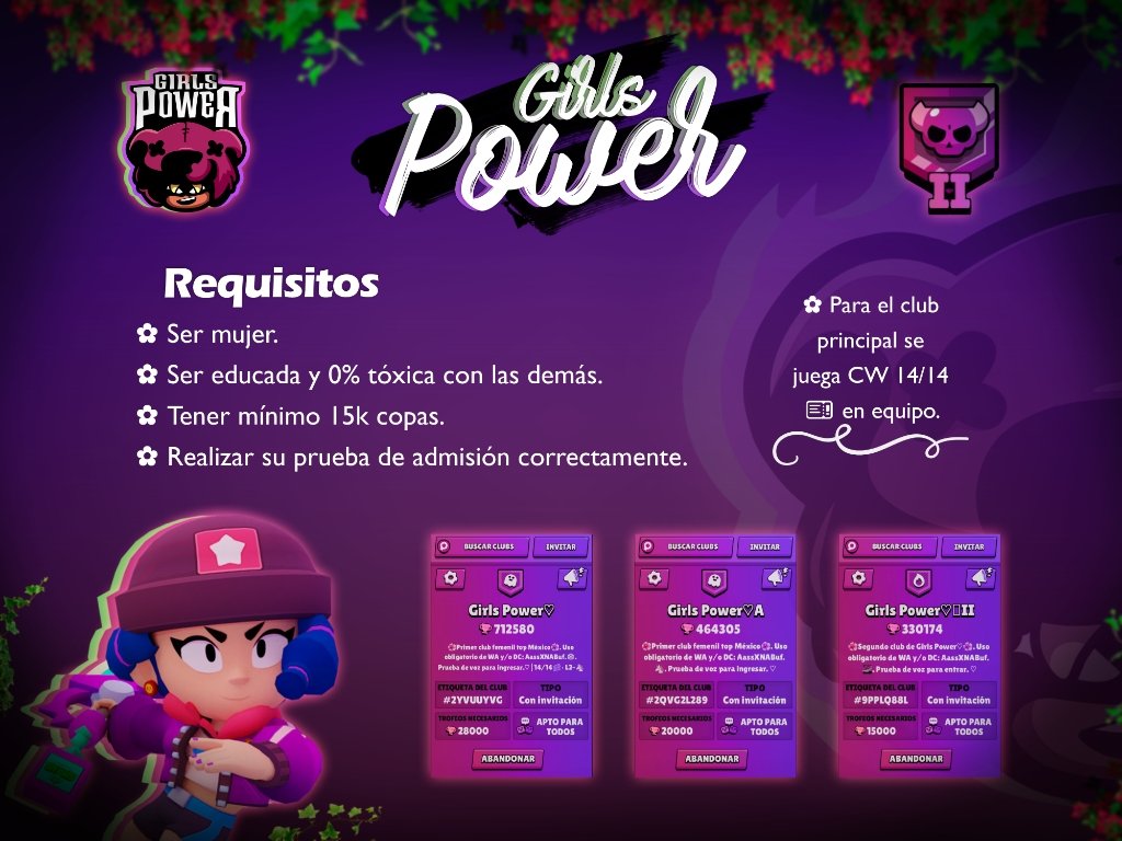 ¡Hola! Contamos con cupo para tanto chicas que quieren subir en Guerra de clubs, como para aquellas con disponibilidad media y disponibilidad baja para ello.🌺

Para más información y/o para hacer su prueba de admisión, preferentemente por MD.♡
#BrawlStars #BS