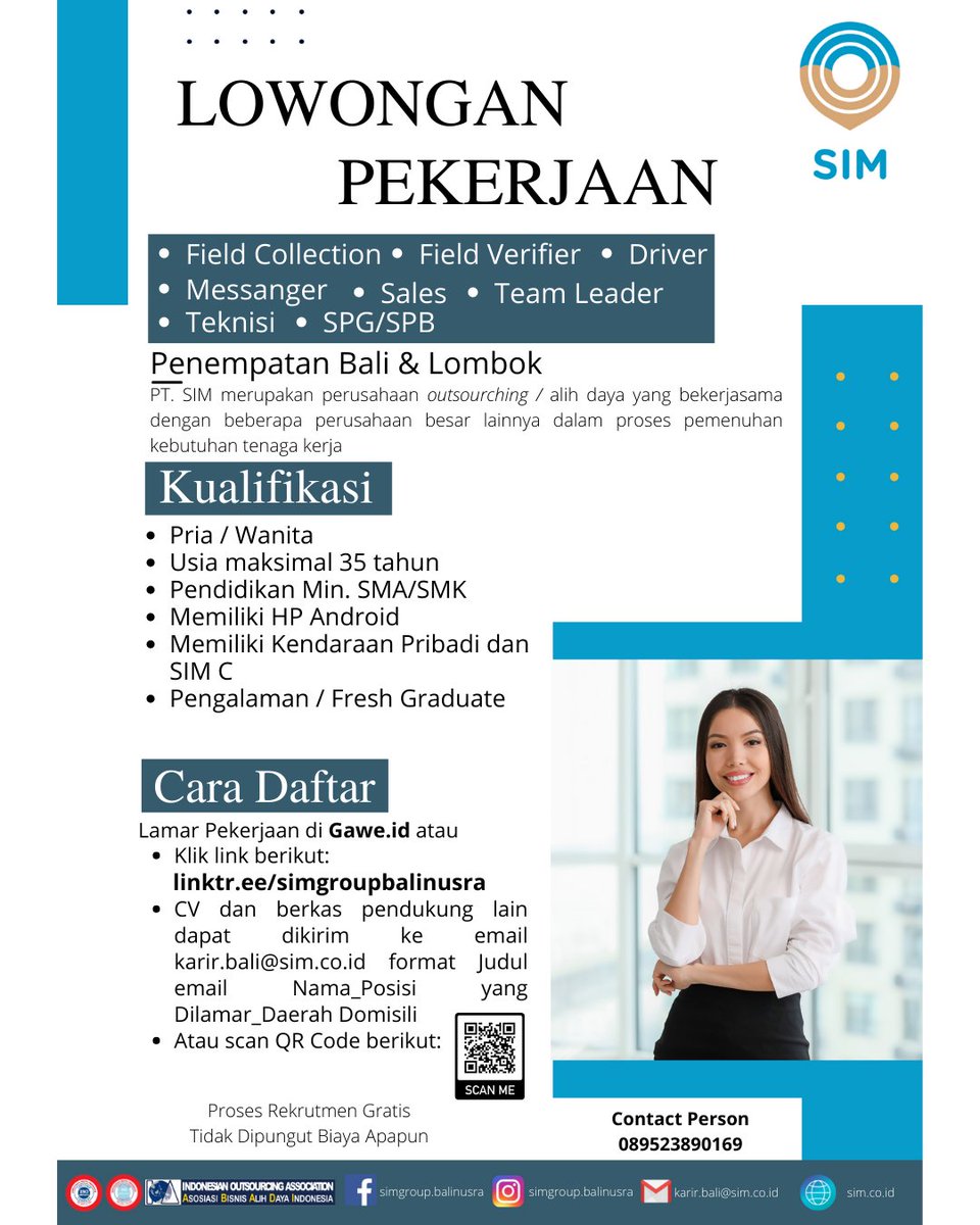 SimgroupB's tweet photo. Info Lowongan Kerja yang akan segera dibuka di Bulan Agustus 2022.

Siapkan CV terbaikmu dan lamar segera posisi yang anda minati langsung di link berikut https://t.co/nZ1T0rlENG

Seluruh proses rekrutmen gratis tidak dipungut biaya apapun.

#lokersimgroup #lokerbali #lokerlombok https://t.co/fZUKpRorOY