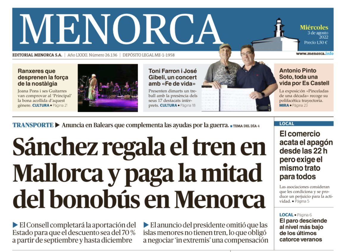 En Mallorca Pedro Sánchez pagará el 100% del billete de tren, en Menorca solo pagará el 50 % del autobús. Pero a los señoritos del PSOE no les gusta que digamos que Menorca recibe un ¡¡¡TRATO DE SEGUNDA!!!! #menorca