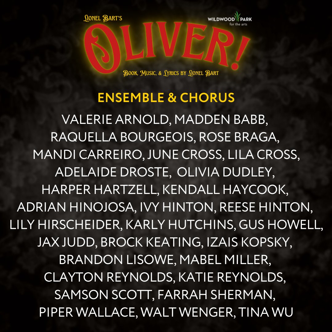 Wildwood announces the cast of OLIVER!

Featuring 47 incredible Arkansas talents in the cast alone, Oliver! is set to be the biggest Family show of the season. Join us as we bring the streets of Victorian England to life! 

Tickets:  web.ovationtix.com/trs/pr/1130313