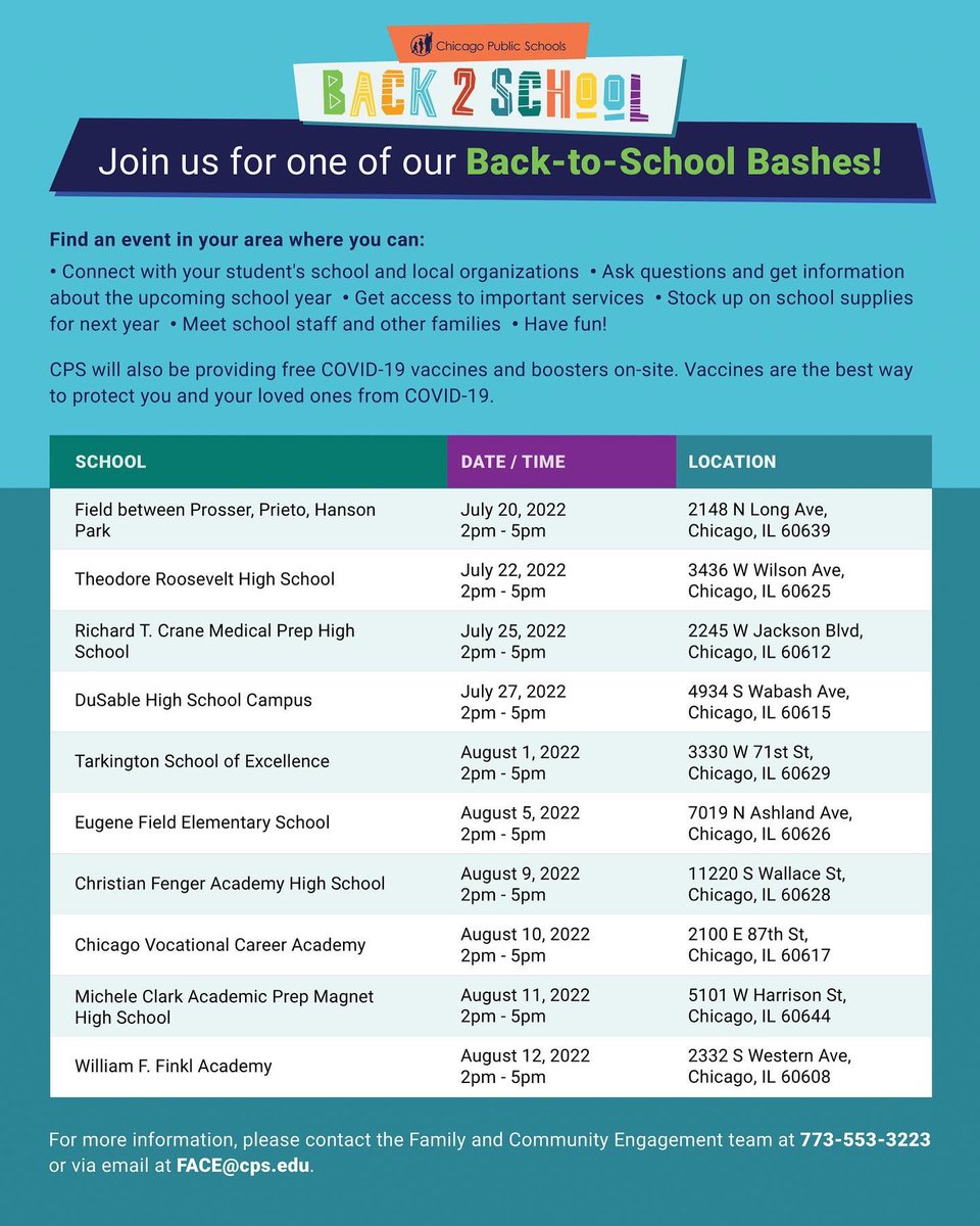 Join us on Friday, August 12 for our Back-to-School Bash from 2-5. We will be giving away School Supplies, offering COVID 19 shots, boosters and school immunizations! Free carnival treats and inflatables for the kids! 
See you here, at Finkl !