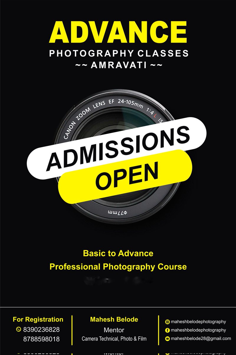 BelodeFilms's tweet image. Advance Photography Classes (Basic Batch Duration 15 days)

Date:-
10Aug To 25Aug 2022
Time:- 
10:00am To 01:00pm.
Venue:-
Amravati Maharashtra