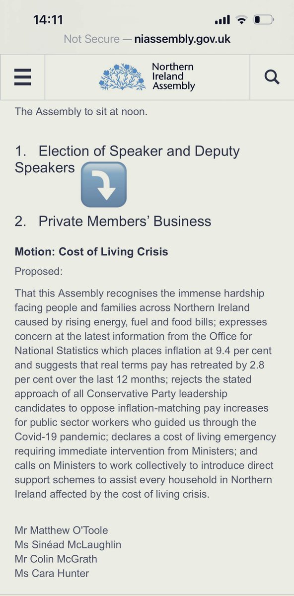 BBCMarkSimpson's tweet photo. Today’s order of business at Stormont:
🔹Item 2 can only be debated if item 1 is passed
🔹Item 1 is not expected to be passed https://t.co/AjgV217y3e