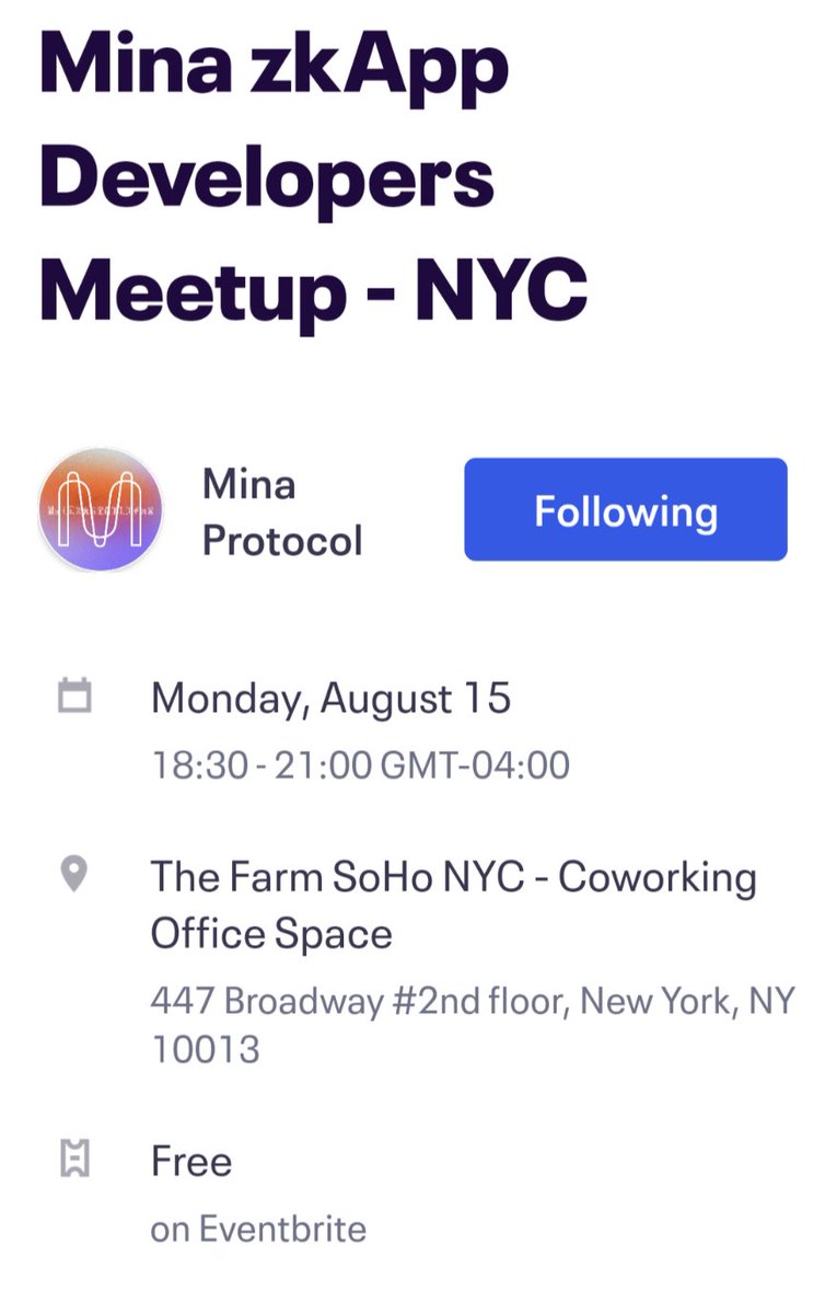 It's great to see the buzz starting to grow around #zkApp developer workshops. The next one is in #NewYork on Aug15th at <a href="/thefarmsoho/">The Farm SoHo</a>. If you already know #TypeScript it's a chance to build apps for #web3 plus meet the <a href="/o1_labs/">o1Labs (httpz)</a> &amp; <a href="/MinaFoundation/">Mina Foundation (httpz) 🪶</a> teams. 🚀
eventbrite.com/e/mina-zkapp-d…