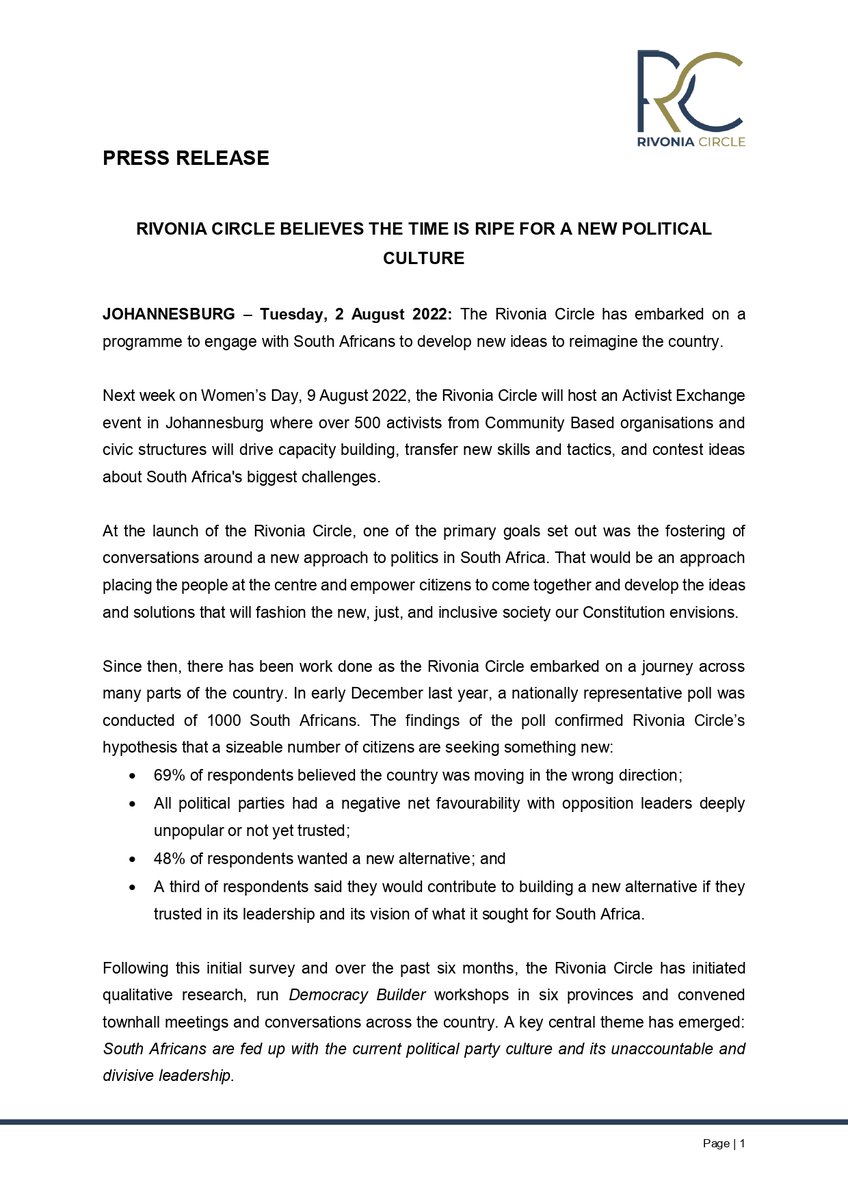 rivonia_circle's tweet photo. PRESS RELEASE | The Rivonia Circle believes now the time is ripe for a new political culture

cc @SongezoZibi https://t.co/hENsHHMsPb