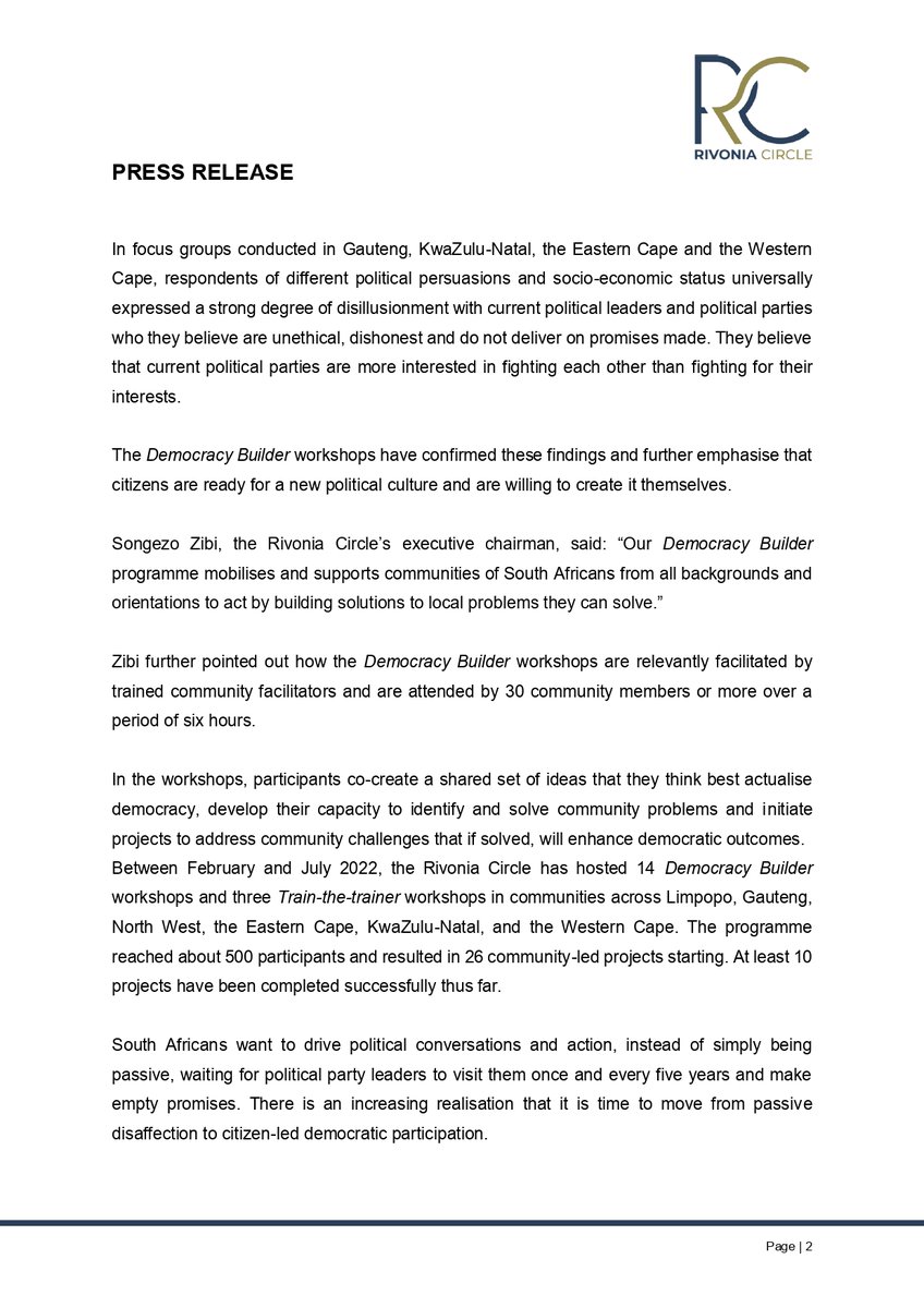 rivonia_circle's tweet photo. PRESS RELEASE | The Rivonia Circle believes now the time is ripe for a new political culture

cc @SongezoZibi https://t.co/hENsHHMsPb