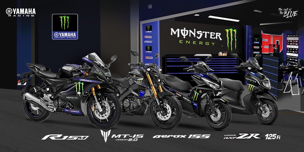 India_Yamaha's tweet photo. The #R15M, #MT15V2, #Aerox155 & #RayZR125FiHybrid in all-new avatars. Bringing you the Monster Yamaha MotoGP Edition of your favourite motorcycles and scooters.
Book Now: https://t.co/ds1xquxvmi
#YamahaRacing #YamahaMotorIndia #YamahaIndia #Yamaha #MotoGPEdition #MonsterYamaha https://t.co/tpeKa4qWHz