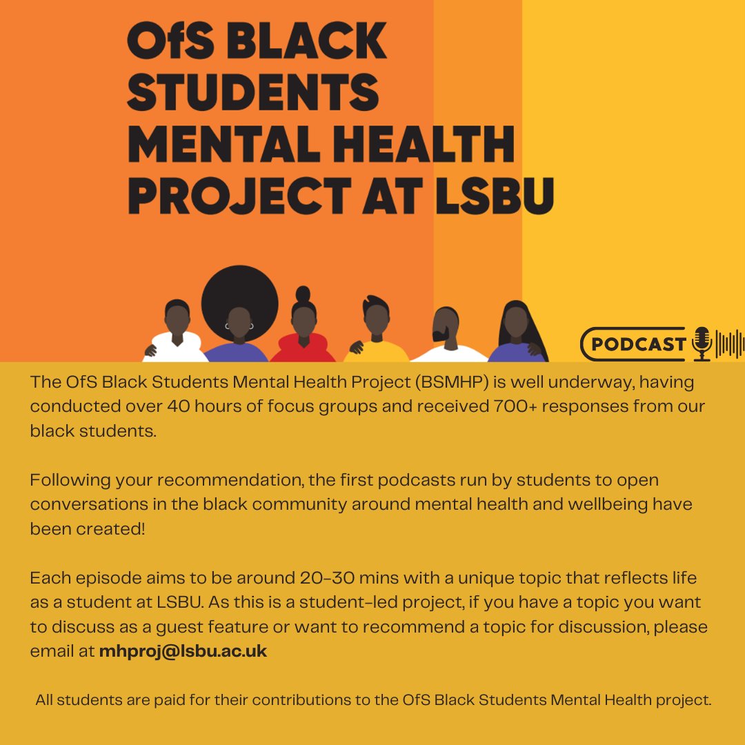 The BSMHP at <a href="/LSBU/">London South Bank University - LSBU</a>  following your recommendation, created the first podcast run by students to open conversations in the black community around mental health and wellbeing!! 
Listen to the podcast here ow.ly/5CJf50KasCu