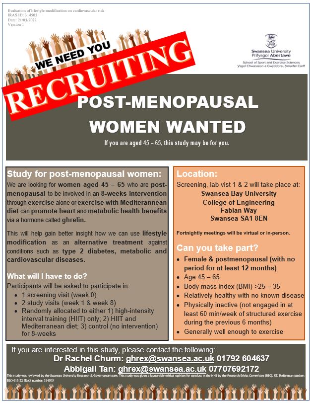 Rachel Churm (@rachelchurm) on Twitter photo PLEASE RT ๐จ:
We are currently recruiting post-menopausal women for our GHRex study to assess lifestyle interventions & metabolic health.
Please email ghrex@swansea.ac.uk or DM myself or <a href="/AbbiiTan/">Abbi Tan, PhD</a> for more info! @SUSportsScience <a href="/SwanseaUni/">Swansea University</a> <a href="/bracken_rich/">Richard Bracken</a> <a href="/Sarah_L_Prior/">Sarah Prior</a> PLEASE RT ๐จ:
We are currently recruiting post-menopausal women for our GHRex study to assess lifestyle interventions & metabolic health.
Please email ghrex@swansea.ac.uk or DM myself or <a href="/AbbiiTan/">Abbi Tan, PhD</a> for more info! @SUSportsScience <a href="/SwanseaUni/">Swansea University</a> <a href="/bracken_rich/">Richard Bracken</a> <a href="/Sarah_L_Prior/">Sarah Prior</a>