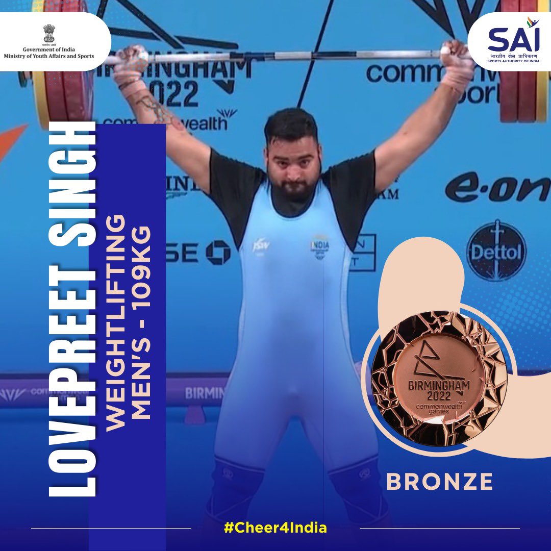 nitin_gadkari's tweet photo. Another #Weightlifting Medal For Team India!!!

Heartiest Congratulations to #LovepreetSingh for winning the #BronzeMedal in 109kg #Weightlifting at #CWG2022.

Keep up the good work!

#Cheer4India 
#CWG2022India 
#India4CWG2022 https://t.co/2Lu5pm2Oso