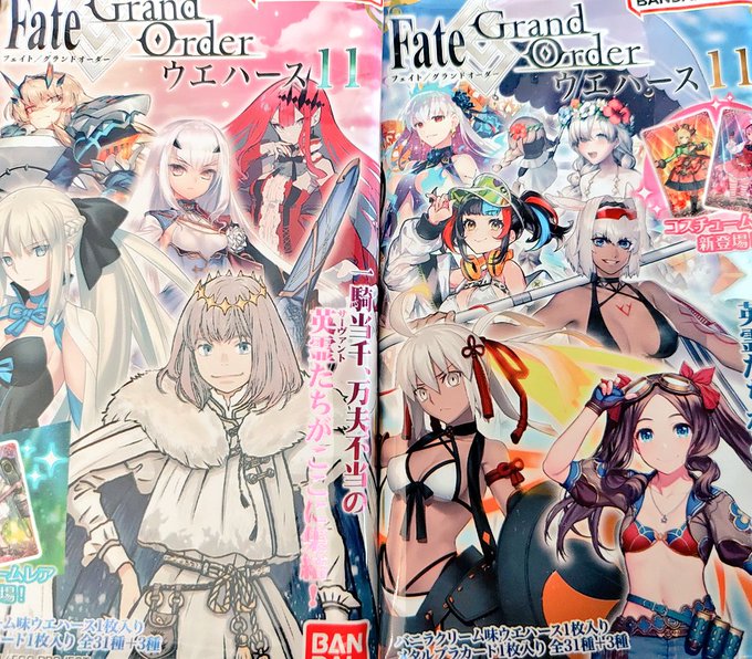 新しく出たfgoウエハース(34種)を見かけたので10個買ってみた
オベロン2、ネモ船長2、メリュ子ちゃん2、バゲ子ちゃん、トリ子ちゃん、水着沖田オルタさん、水着ロリンチちゃん

妖精騎士三人揃った😊
ウエハースはみんなで食べました 