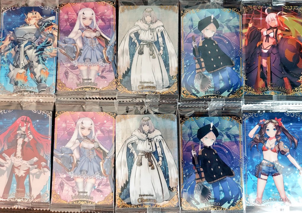 新しく出たfgoウエハース(34種)を見かけたので10個買ってみた
オベロン2、ネモ船長2、メリュ子ちゃん2、バゲ子ちゃん、トリ子ちゃん、水着沖田オルタさん、水着ロリンチちゃん

妖精騎士三人揃った😊
ウエハースはみんなで食べました 