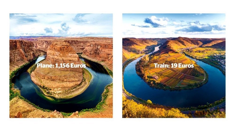 Excellente campagne de la Deutsche Bahn pour inciter à voyager peu cher et localement (2019).

Arizona : 1,156 euros
Rhénanie : 19 euros