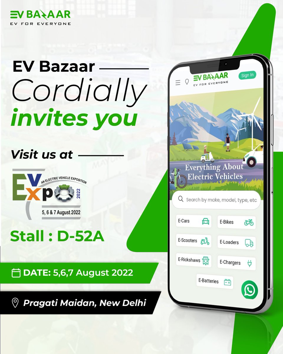 EvBazaar's tweet photo. You are cordially invited! โ๏ธ
We look forward to seeing you.๐
Visit us at EvExpo 2022, Pragati Maidan, 5,6,7 August 2022.๐
#evexpo #evexpo2022 #electricvehicle #electricbike #electriccar #electricloader #electricrickshaw #electricscooter #evbazaar https://t.co/aeZam1wvFa