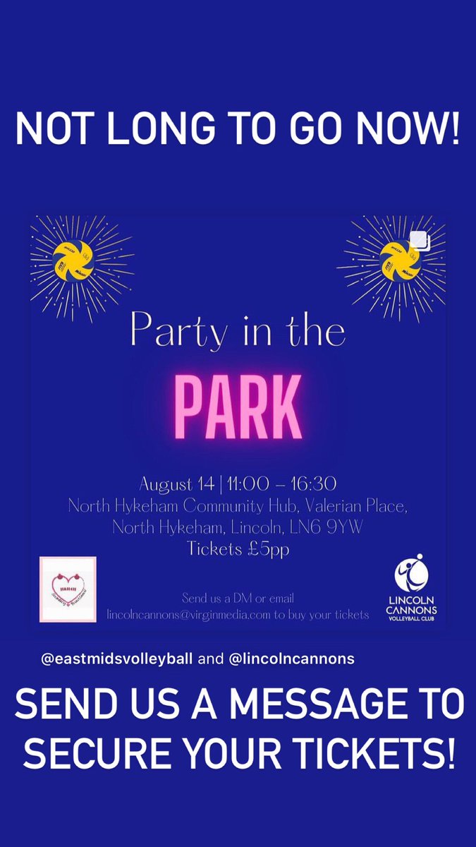 Not long to go until our Party in the Park! Send us a message to secure your tickets so you don’t miss out! #comeoncannons #cannonsparty <a href="/VballEngland/">Volleyball England</a> <a href="/EastMidsVolley/">EastMidsVolleyball</a> <a href="/letsmovelincs/">Let's Move Lincolnshire</a>