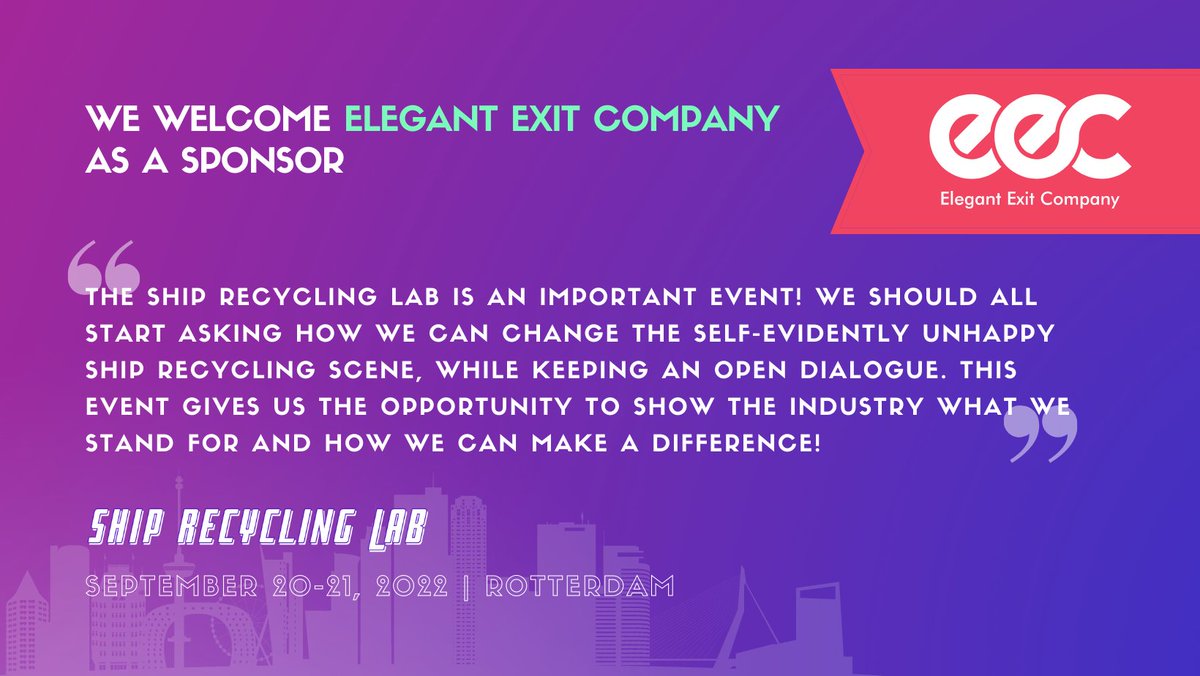 ShipRecLab's tweet photo. Thank you Elegant Exit Company for sponsoring the first conference on sustainable ship recycling!
EEC is a game-changing initiative introducing finance innovation and industrial process innovation to the present ship recycling scene.

Join the #SRLab: https://t.co/uGmpFqPtxE https://t.co/hQRfEIq8w1
