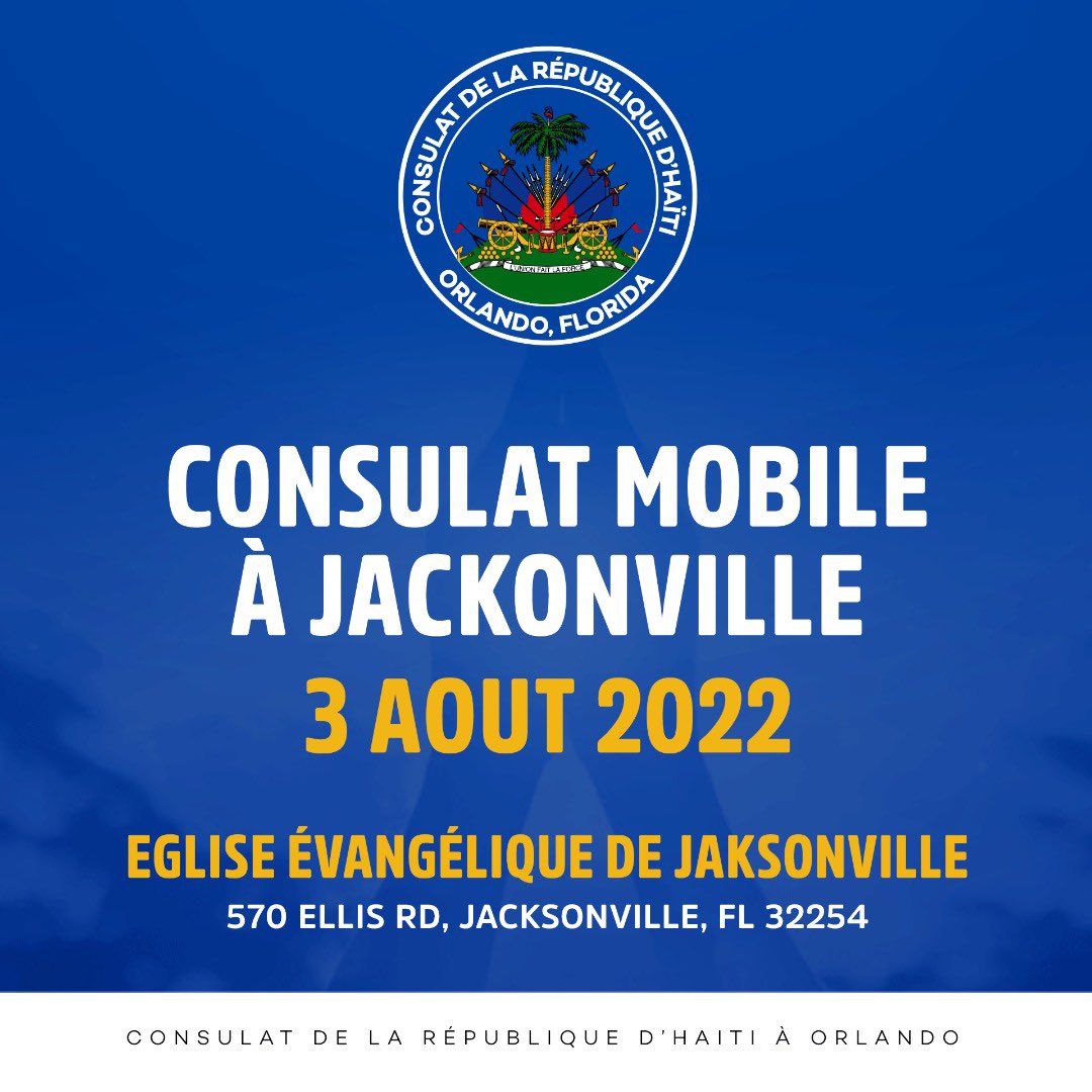 herwilgaspard's tweet photo. Nou ap JACKSONVILLE maten an pou pote tout sèvis konsila a pou ou. N ap tann ou. @consulatorlando @MAE_Haiti @MHAVEHT https://t.co/w2du7tRpCA