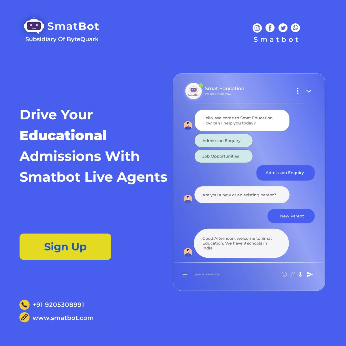 smatbot's tweet photo. Human-agent counseling can help prospective students in selecting the right courses, and resolving their queries leading to an increase in admissions.
#admissionbot #chatbotforeducation #livechatbot #smatbot #enquirychatbot #chatbots #bots #realtimelivechat #educationbot https://t.co/5knEI1Cx6E
