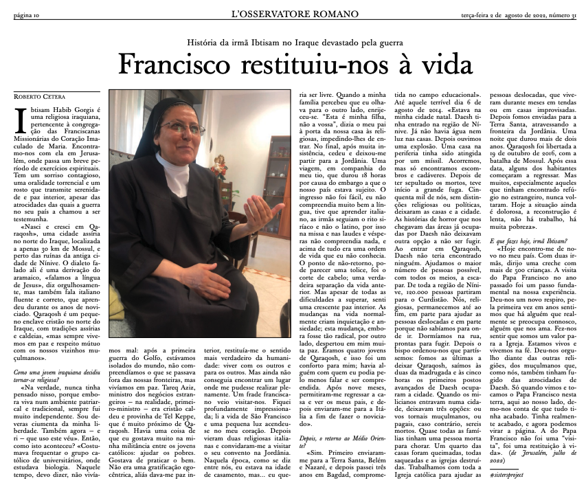 oss_romano's tweet photo. #3deagosto. Edição semanal em língua portuguesa. História da irmã Ibtisam, de Qaraqosh, #Iraque. «Falamos a língua de Jesus», diz com orgulho.
#sistersproject
#RobertoCetera
https://t.co/pYkRJ6wPSb https://t.co/blVaYGRQRL