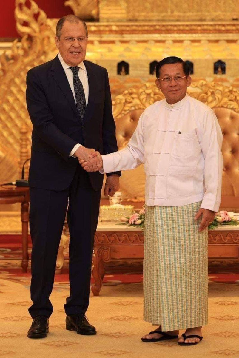 TheChindwin's tweet photo. Myanmar's coup leader Senior General Min Aung Hlaing, welcomes Sergey Lavrov, Foreign Minister of Russia, to Nay Pyi Taw this morning, discussing matters relating to improving bilateral relations between the two countries during an official meeting, the junta regime says. https://t.co/0kwA9JyAlC