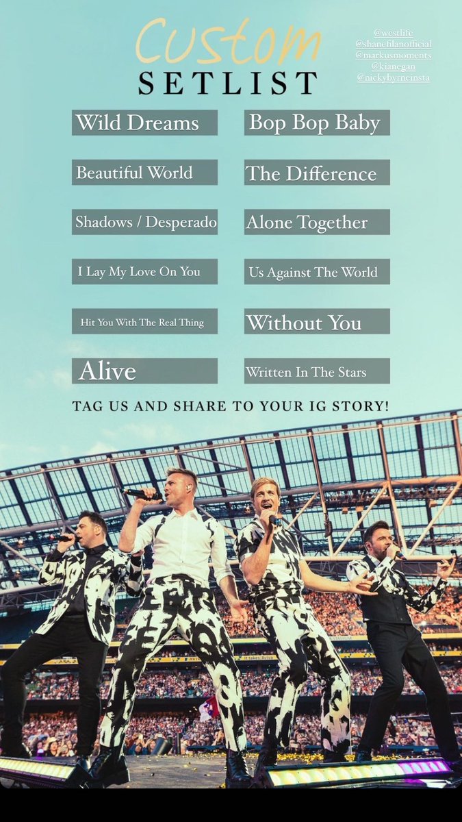 Steve Marinangeli (@steve1504_steve) on Twitter photo Hard to choose one but here is my go😅 <a href="/westlifemusic/">Westlife</a> <a href="/ShaneFilan/">Shane Filan</a> <a href="/MarkusFeehily/">MarkusFeehily</a> <a href="/NickyByrne/">Nicky Byrne</a> <a href="/KianEganWL/">Kian Egan</a> #westlife #wilddreams #wilddreamstour #setlist #wembley #stadium #london #uk #ireland Hard to choose one but here is my go😅 <a href="/westlifemusic/">Westlife</a> <a href="/ShaneFilan/">Shane Filan</a> <a href="/MarkusFeehily/">MarkusFeehily</a> <a href="/NickyByrne/">Nicky Byrne</a> <a href="/KianEganWL/">Kian Egan</a> #westlife #wilddreams #wilddreamstour #setlist #wembley #stadium #london #uk #ireland