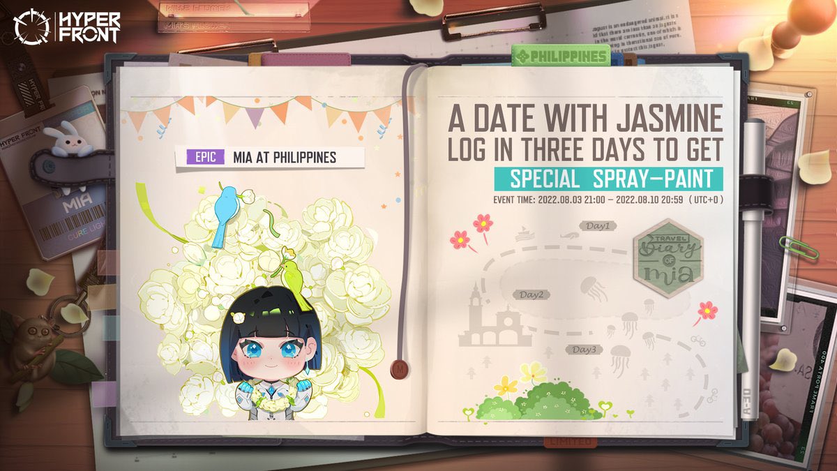 📱 Mia'dan bir mesaj aldım, Filipinler'deki yaseminin çok güzel kokulu olduğunu, oradan ayrılmaya dayanamadığını söylüyor...

 🇵🇭 Önümüzdeki 7 gün boyunca, Mia'nın özel sprey boyasını almak için toplam 3 gün oyuna girin! Bu etkinlik yalnızca sınırlı bir süre için geçerlidir!