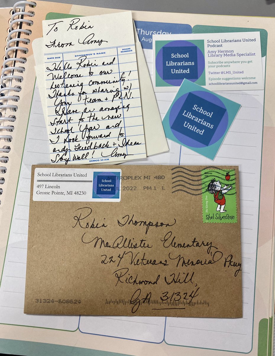 Holy penmanship @LMS_United ! AND #shelsilverstein stamps! 😍 Thank you so much, Amy, for your amazing podcast, ideas, and support of #schoollibrarians!