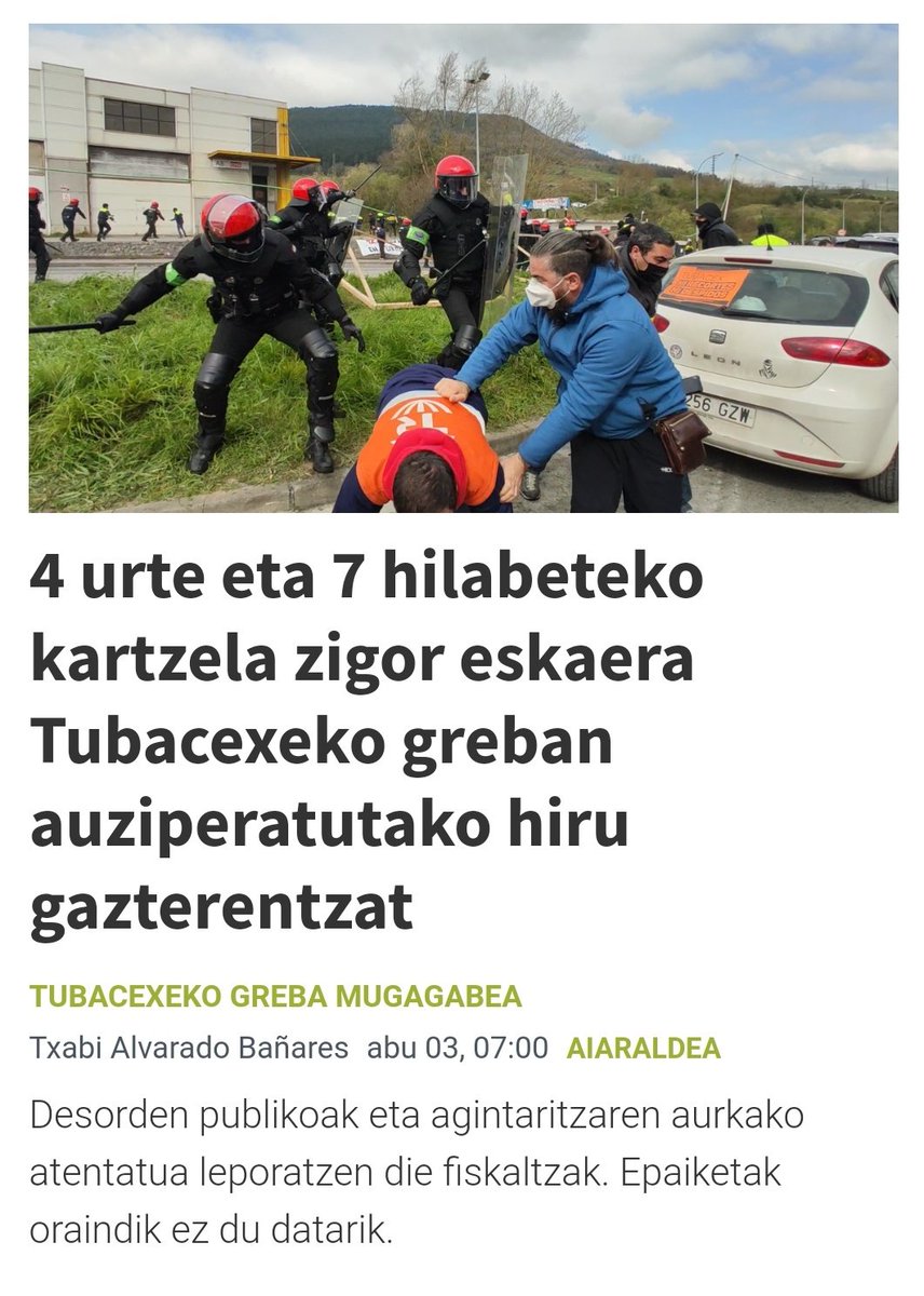 🔴Hau oso larria da.

Auziperatutako gazte bakoitzak 4 urte eta 7 hilabeteko espetxe zigor eskaerak jaso dituzte.

Langileen greba eskubidea oztopatu, eskirolak babestu, grebalariak eta herritarrak jipoitu eta gainera gazteak epaituak.
Zipaioak beti zipaio🖕

#AbsoluzioaOrain