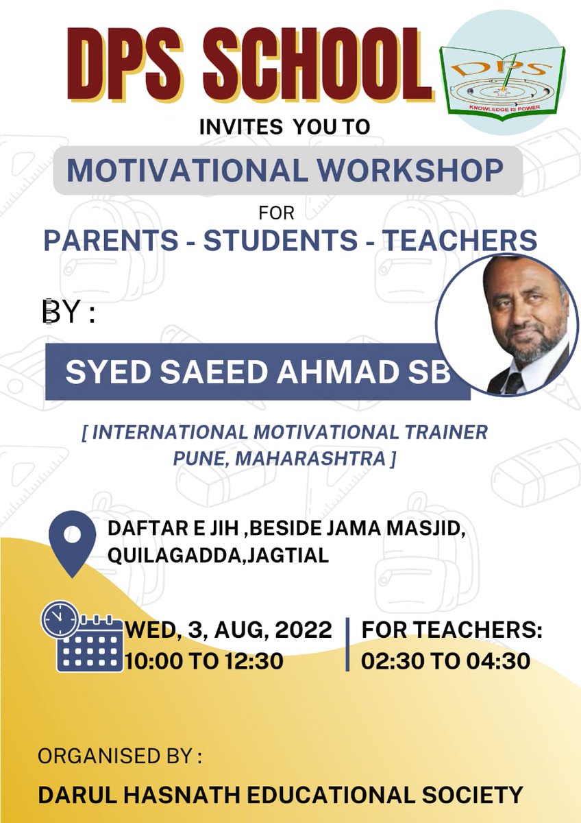 AbidUrduInfo's tweet photo. You are cordially invited for #MotivationalProgramme
#3rdAugust2022
#Teachers #Students
@GIOJagtial
@AbidUrduInfo #Jagtial https://t.co/3owX8Coz1d
