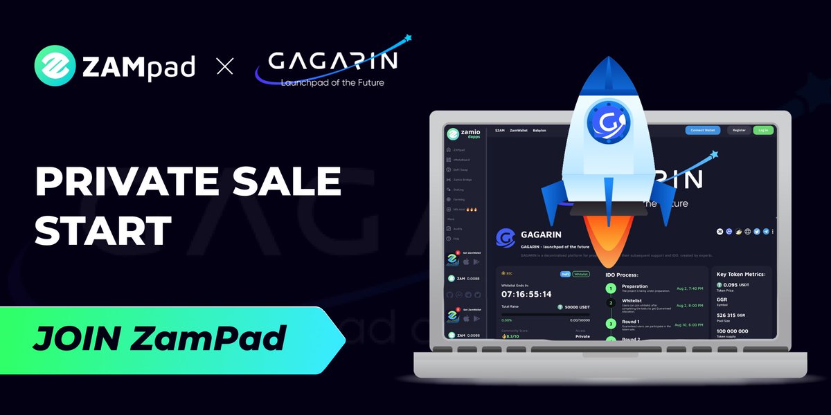 zam_io's tweet photo. Whitelist GAGARIN is alive on ZAMpad, get a guaranteed allocation!
https://t.co/a4B6HHZv4u

📆 SCHEDULE:
Whitelist: 2 August
Round 1: 10 August
Round 2: 13 August
Distribution: 15 August

🏷 SALE DETAILS
◽️ Total raise: $50,000
◽️ Raise Currency: USDT
◽️ Token: GGR -  0.095 USDT https://t.co/yclqt0GELI
