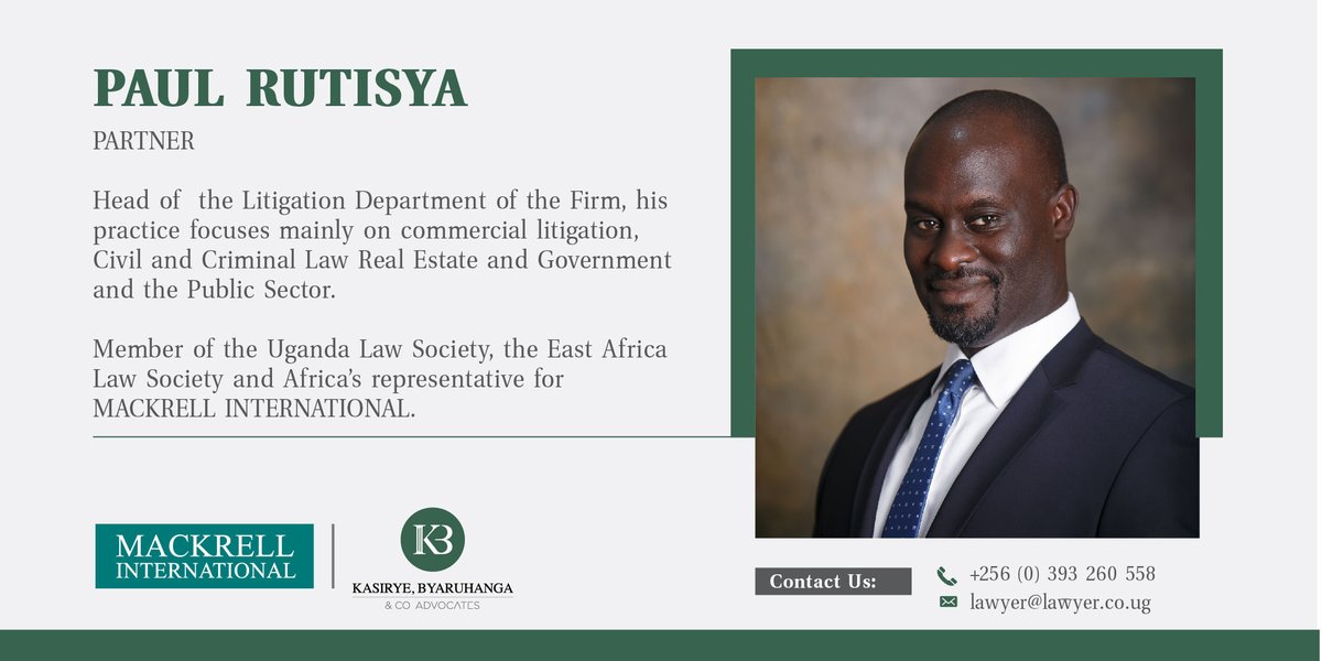 KBLawyersUg's tweet photo. #IntroducingOurPartners
 
Mr. Paul Rutisya ,Partner at KB &amp; Co. advocates.

Head of the #litigation department at the firm. His practice focuses on #commercial litigation, #civil &amp; #criminal law ,#realestate ,#government &amp; the #public sector. @rutisya https://t.co/qWwhA5rnOI