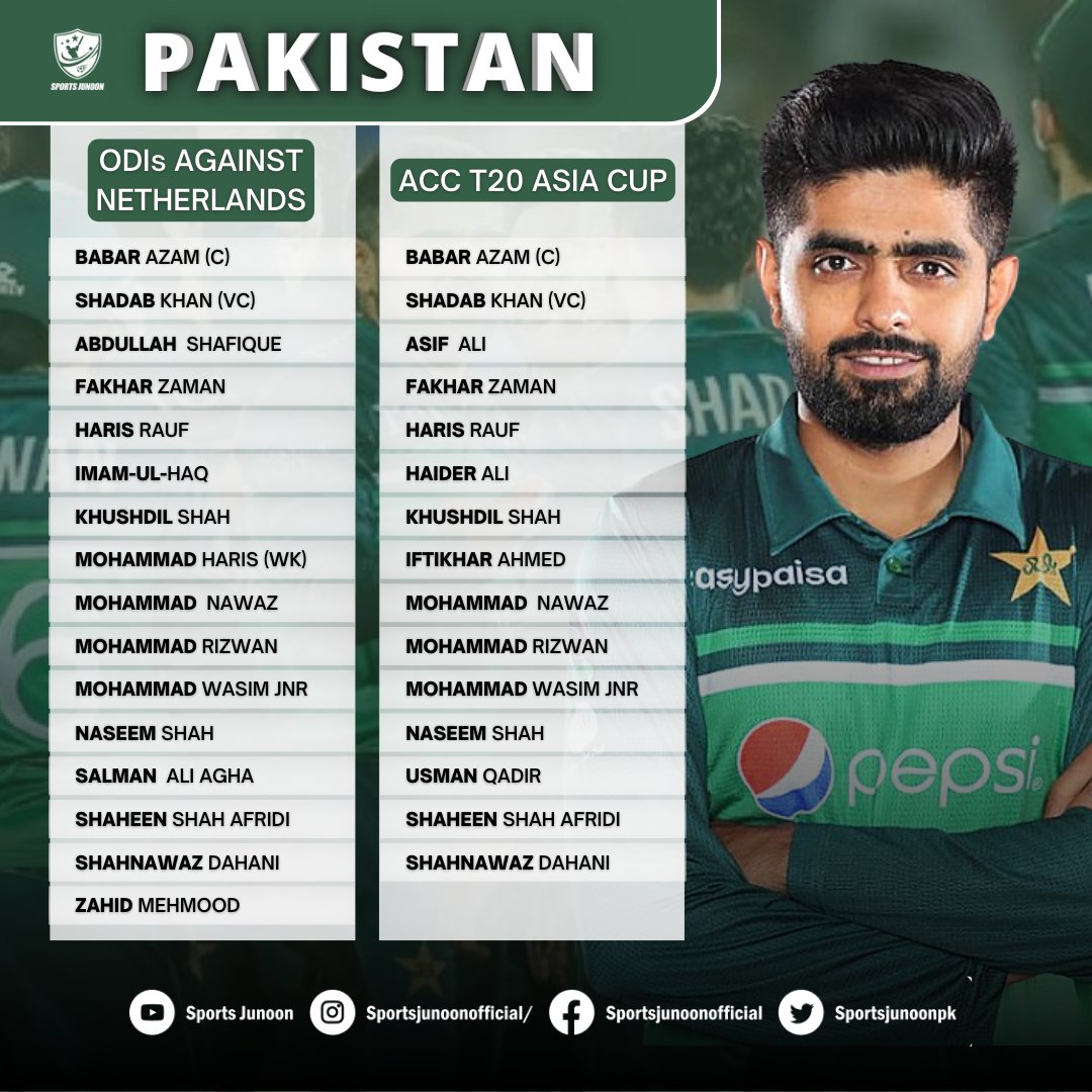 sportsjunoonpk's tweet photo. Finally. Pakistan's squads for Netherlands ODIs and ACC T20 Asia Cup are here... 🚨
🇵🇰✈️
#pakistansquadt20 #acct20 #netherland #ODIsquads #sportsjunoon https://t.co/wdLxrcnqMm
