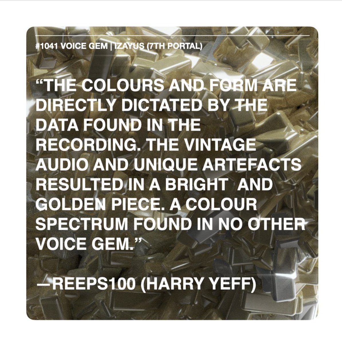 SNOWCASH432's tweet photo. As Harry Yeff (@Reeps1) said: #1041VOICEGEM is gold!
A luminous #VOICEGEM that immortalized the voice of pop culture icon @TheRealStanLee, during his first webisode but also last work, while in character (Izayus, from #7thPortal). https://t.co/zOQGYw8Ezl