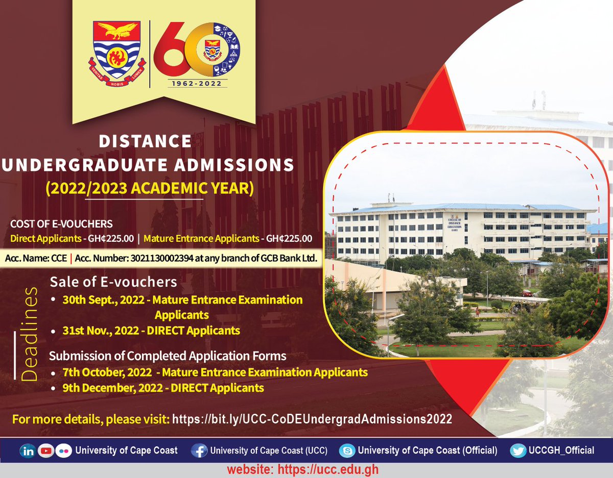broadcast_ucc's tweet photo. ADMISSION INTO FIRST DEGREE (DISTANCE) PROGRAMMES FOR THE 2022/2023 ACADEMIC YEAR. #UCC #CapeVars #UniversityofCompetitiveChoice #uccat60 #admission2022 #distancelearning #distanceeducation #distancelearning2022

Read more at... https://t.co/vGUQemLZfJ