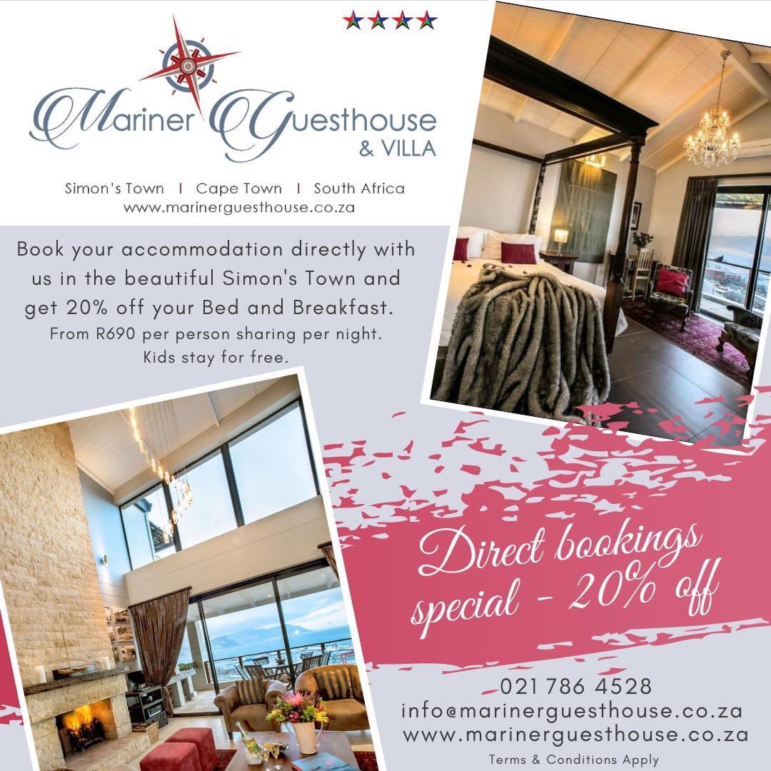 A getaway to Simons’s Town is always a good idea!! 

Book your accommodation directly with us in the beautiful Simon’s Town and get 20% off your Bed and Breakfast.

021 786 4528
marinerguesthouse.co.za
info@marinerguesthouse.co.za
#simonstown 
#lovesimonstown
#capetown