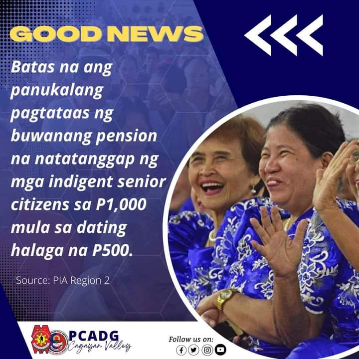 PCADG_2's tweet photo. Magandang Balita | ganap nang batas ang panukalang pagtataas ng buwanang pension na natatanggap ng mga indigent senior citizens sa P1,000 mula sa dating halaga na P500.

Source: https://t.co/xgPyL7NgRB

#PNPKakampiMo
#WeServeAndProtect
#TeamPNP
#PCADGCagayanValley https://t.co/JB3CygKQn2