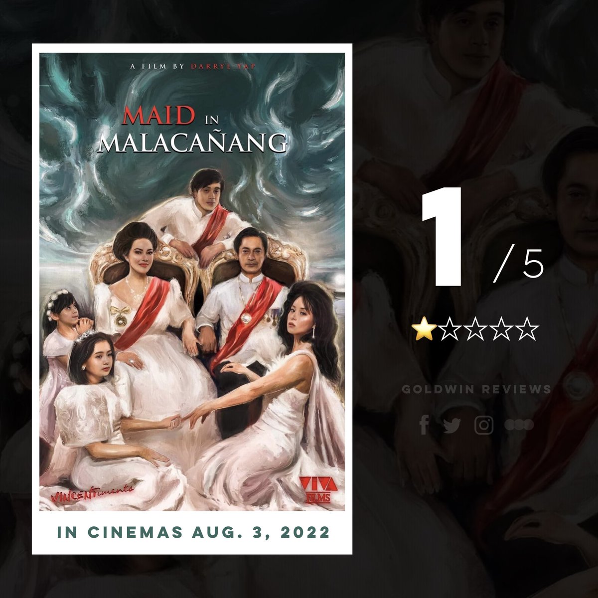 GoldwinReviews's tweet photo. Maid in Malacañang (2022)
Directed by: Darryl Yap

- A MOVIE REVIEW THREAD -

#goldwinreviews #MaidInMalacañang #MiMNowShowing #grMaidinMalacañang
Cesar Montano, Ruffa Gutierrez, Diego Loyzaga, Ella Cruz, Elizabeth Oropesa, Beverly Salviejo, Karla Estrada, Cristine Reyes https://t.co/9uSpUXL4u1