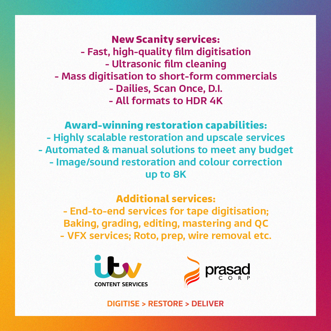 ITVContentServ's tweet photo. We are delighted to be joining forces with @PrasadCorp, the world leader in film preservation, to bring DFT Scanity film scanning to the North of England.
#DigitiseRestoreDeliver
#film #filmscanning #archive #digitisation #scanity #footage #restoration #content #media https://t.co/R0WBqssmd4