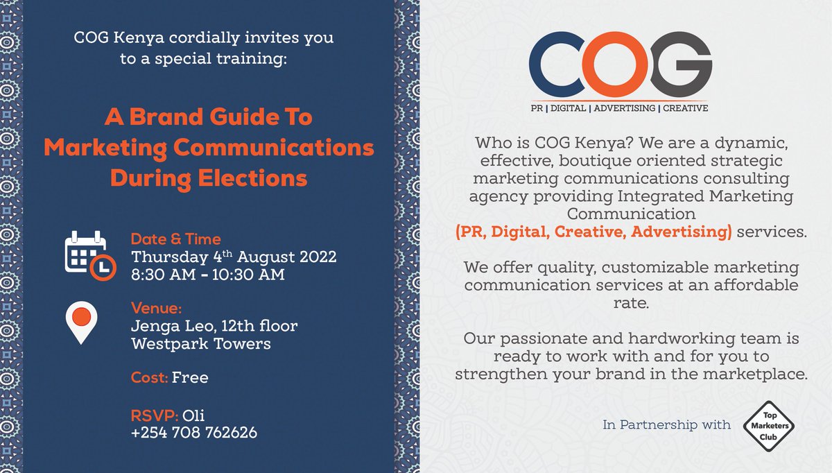 TopMarketers1's tweet photo. Special Training - A Brand Guide To Marketing Communications During Elections
4 Aug 2022| 8:30am -10:30am
Cost : Free
While elections provide an important opportunity to advance democratization business has to continue. RSVP: https://t.co/hbHaFevbro https://t.co/v472cqxih6