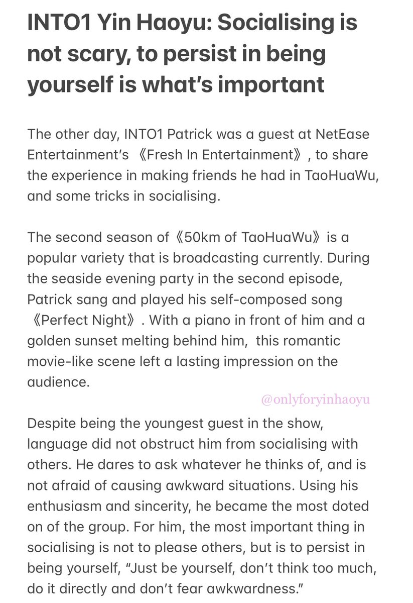 onlyforyinhaoyu's tweet photo. [ENG] Interview with 娱乐新鲜派 (Fresh In Entertainment) 

INTRODUCING PATRICK💗

“Socialising is not scary, to persist in being yourself is what’s important”
“Every new challenge, every new experience, are new lessons that will always be imprinted on me.”.
#แพทริค #INTO1Patrick https://t.co/VxyI6jIcye