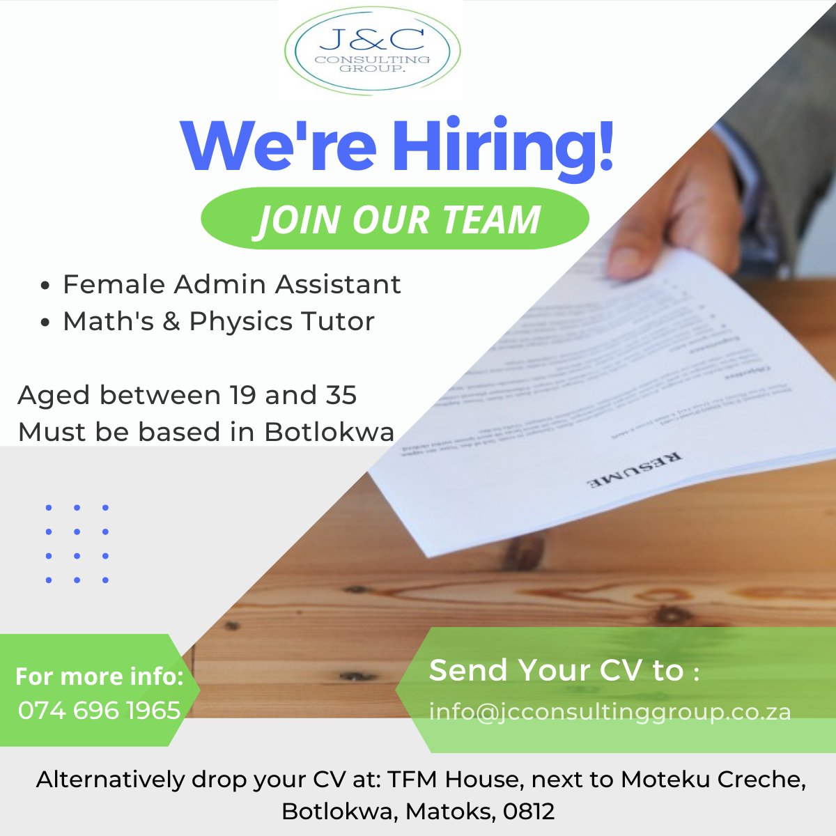 JC_ConsultingG's tweet photo. @JC_ConsultingG is looking for two candidates to join our growing team in Botlokwa, Matoks.

1. Female Admin Assistant
2. Tutor

Closing date: 16 August 2022.

For more info contact: 074 696 1965. https://t.co/msdQntuOgt