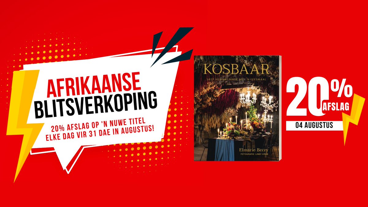 Elke dag, ja, letterlik elke dag, van hierdie maand bied ons 20% afslag op ‘n Afrikaanse boek. Môre kan jy 20% afslag kry op Kosbaar by Elmarie Berry!

<a href="/LAPAUitgewers/">LAPA Uitgewers</a> <a href="/ElmarieBerry/">Elmarie Berry 🌟🥂🌟</a>