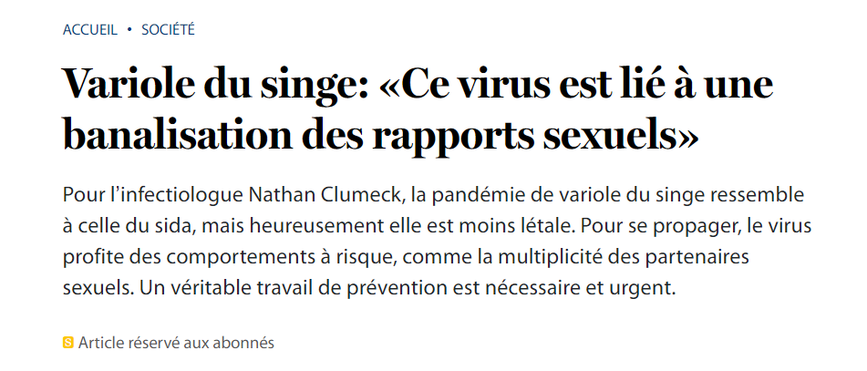 AdamAssaoui's tweet image. Cet article du @lesoir est un condensé d'allusions homophobes et de contre-vérités. L'épidémie de #monkeypox serait la faute de la sexualité des personnes LGBT et se transmettrait uniquement par rapport sexuel avec une personne ayant des rapports avec d'autres hommes...