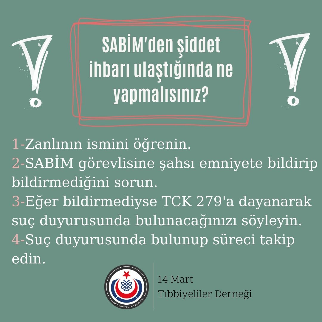 14mtd's tweet photo. Değerli Meslektaşlarımız;
SABİM'den tehdit ihbarı aldığınız zaman aşağıdaki yönergeleri izlemenizi rica ediyoruz. SABİM Personeli kamu görevlisidir. Kamu görevlisinin öğrendiği suçu Kolluk Kuvvetlerine bildirmemesi suçtur. https://t.co/gBVluyDSev